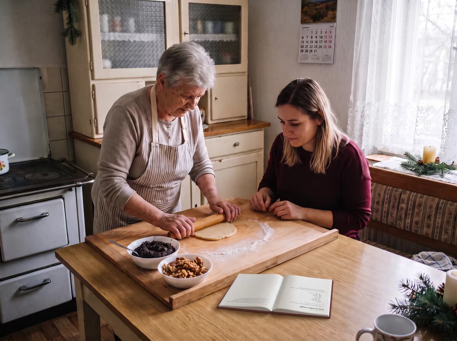 Egy nagymama bejglitésztát nyújt a konyhaasztalon, mellette egy fiatal nő figyel; az asztalon dió, mák és a nyitott receptkönyv.