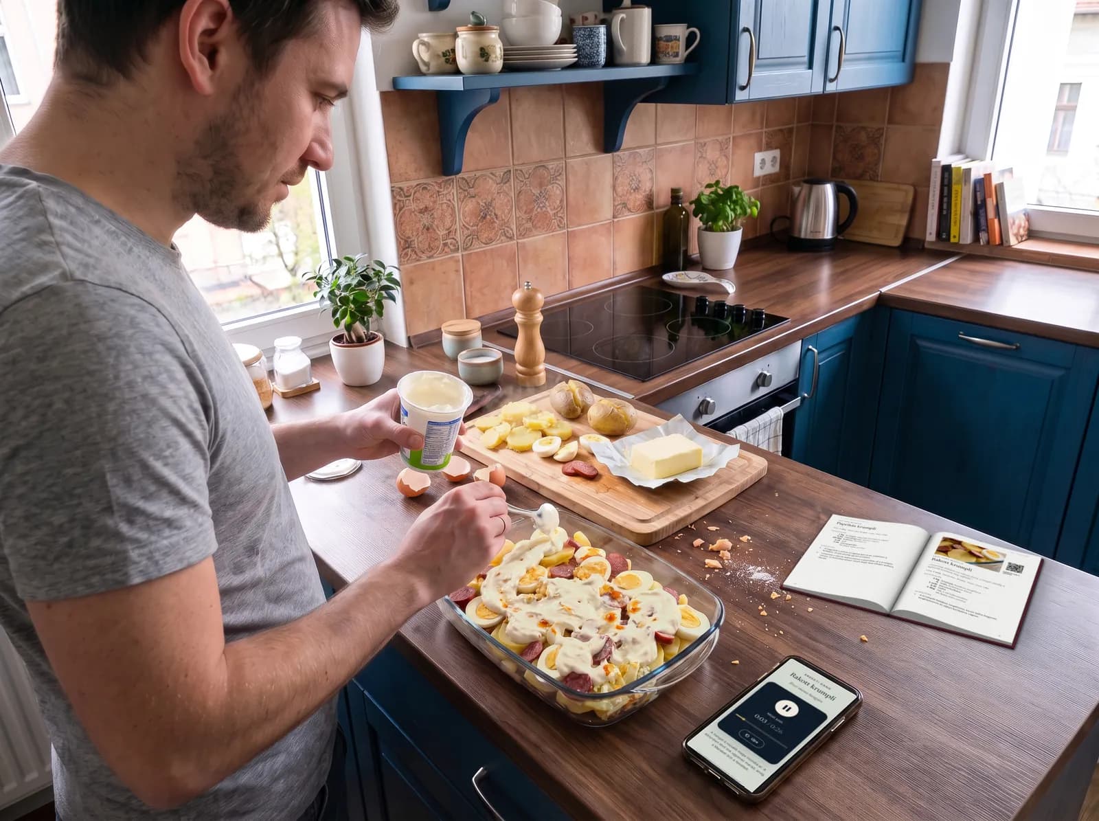 Egy fiatal férfi otthon rétegezi a rakott krumplit, tejfölt kanalaz rá; a pulton nyitva a receptkönyv a rakott krumpli receptjénél, a telefonján a felmondott recept szól.