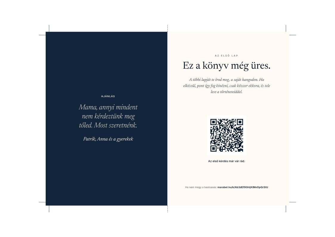 Az ajándékkártya PDF-jének második oldala: balra az ajánlás, jobbra az Ez a könyv még üres felirat és a QR-kód.