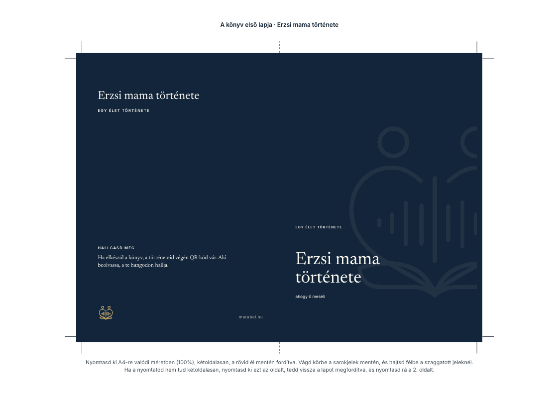 Az ajándékkártya PDF-jének első oldala A4-en: a kártya hátlapja és borítója az ajándék színében, a címzett nevével, sarokjelekkel.